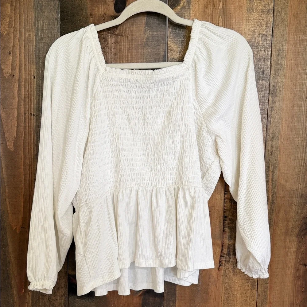Old Navy White Smocked Peplum Long Sleeve Blouse
